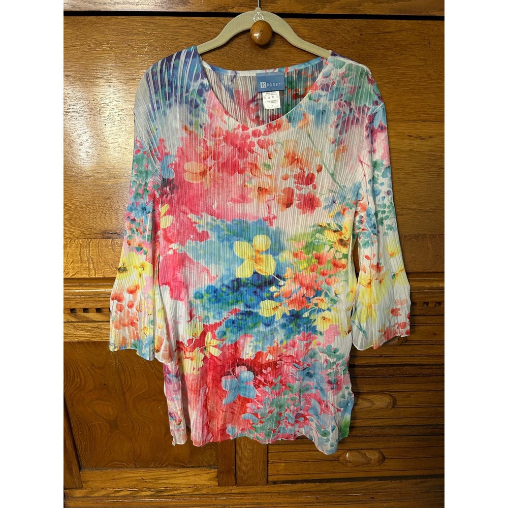 Koret Boho Ethereal Floral Plisse Tunic Blouse Bell Sleeve Watercolor Whimsical